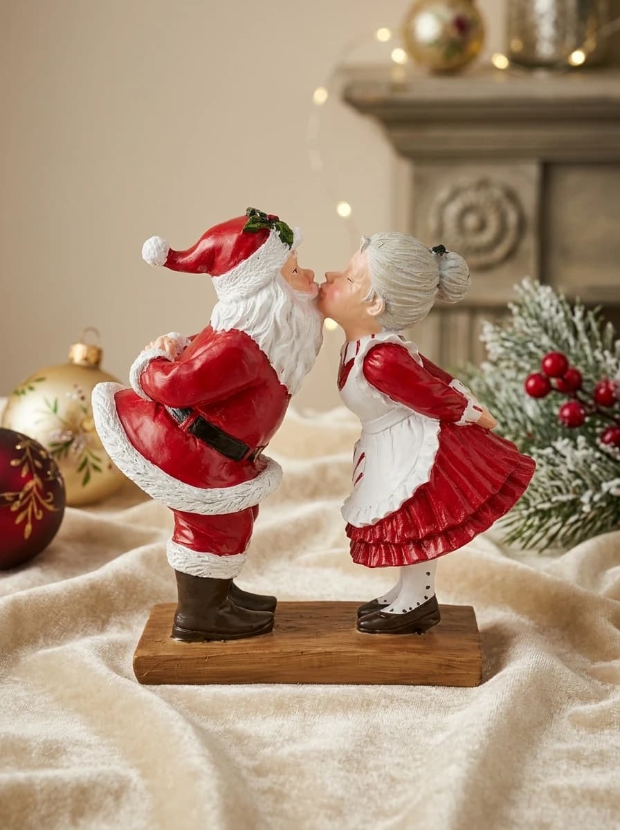 Santa and Mrs Claus Kissing Figurine