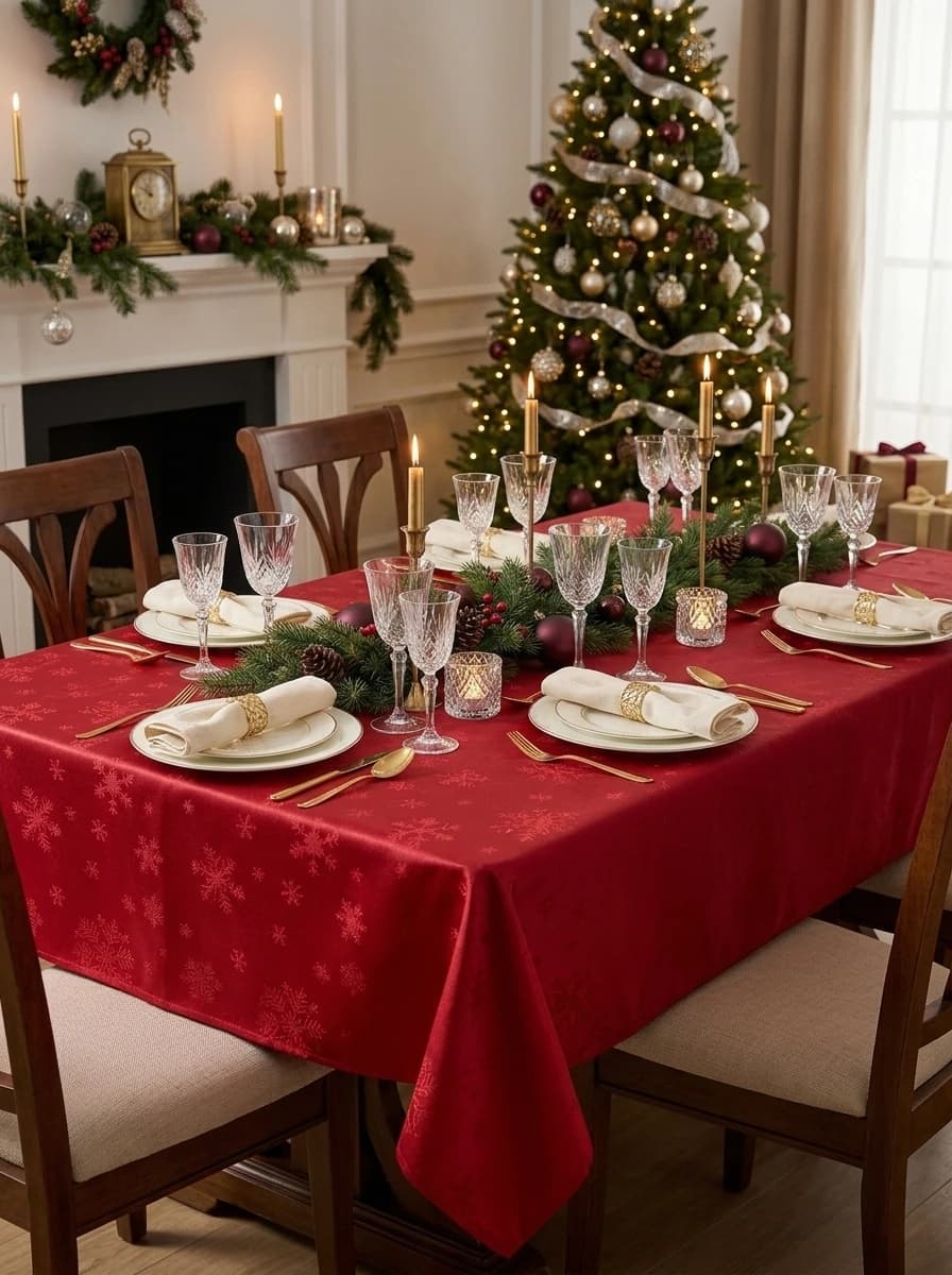Red Snowflake Jacquard Tablecloth thumbnail 2