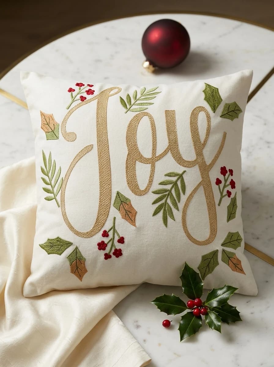 Joy Embroidered Christmas Cushion thumbnail 3