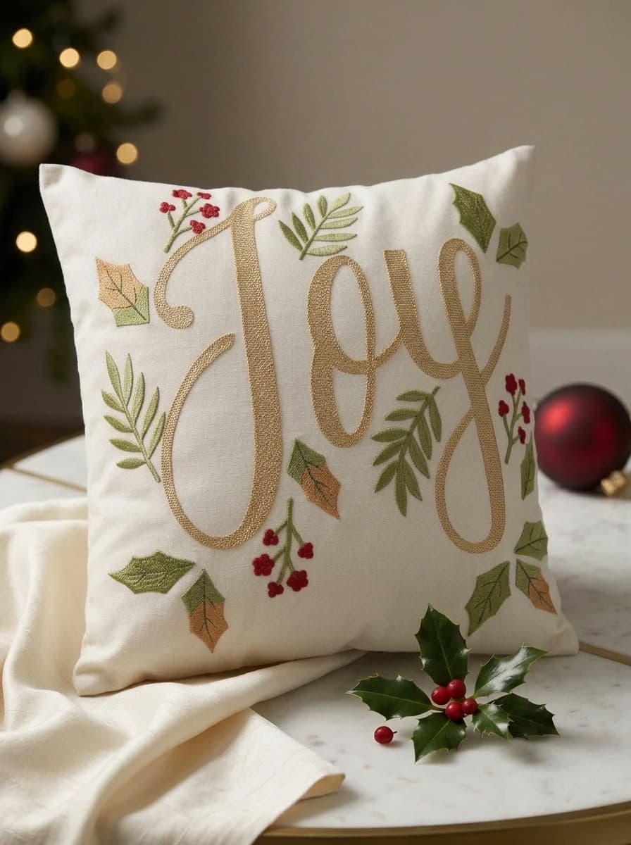 Joy Embroidered Christmas Cushion thumbnail 4