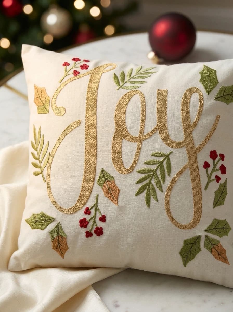Joy Embroidered Christmas Cushion thumbnail 5