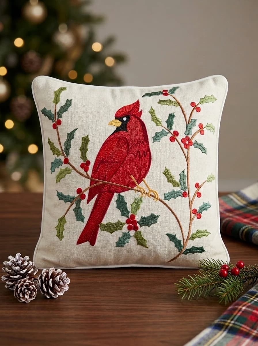 Cardinal and Holly Cushion