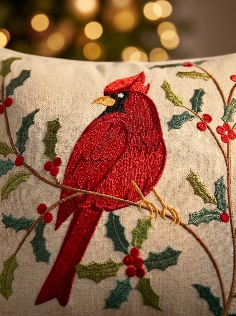 Cardinal and Holly Cushion thumbnail 2
