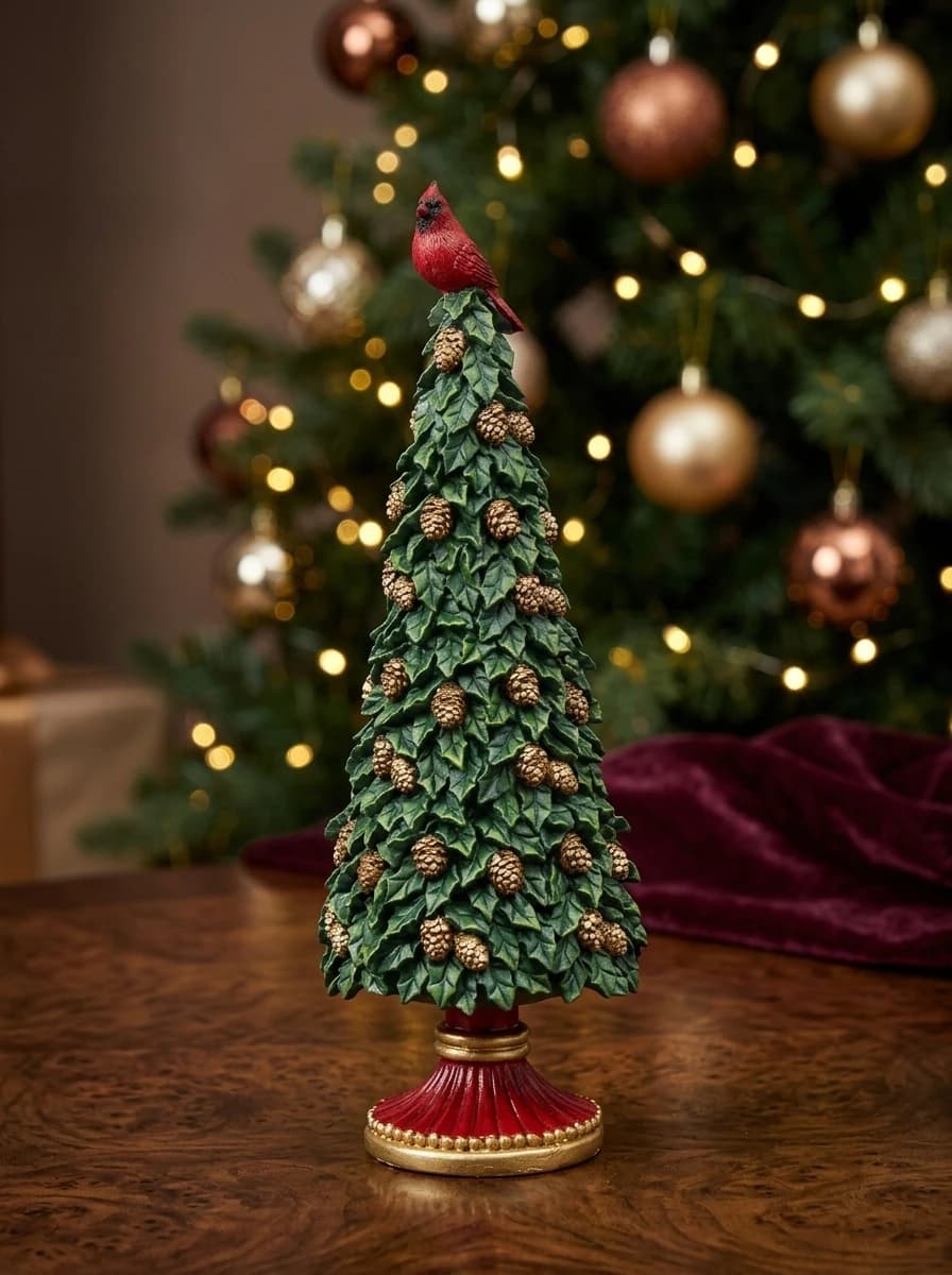 Cardinal-Topped Christmas Tree Figurine